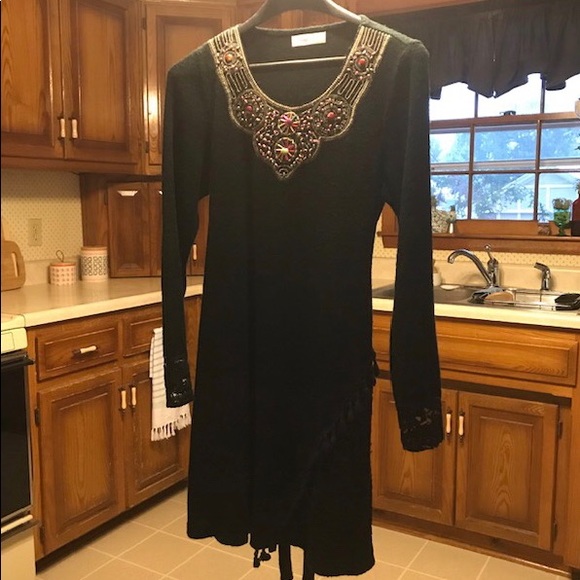 8 Sweater Dress Black Beads Tassels Lace Stretch - Picture 4 of 11